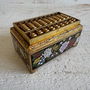 Vintage Miniature Brass Abacus On Chinese Cloisonne Enamel Box